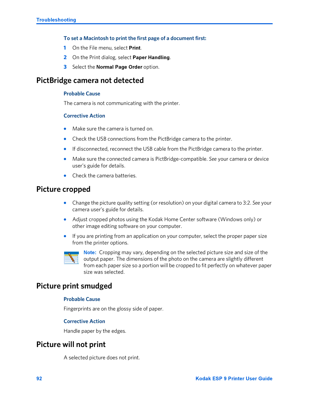 Kodak ESP 9 manual PictBridge camera not detected, Picture cropped, Picture print smudged, Picture will not print 