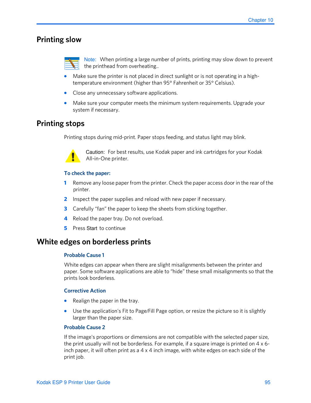Kodak ESP 9 manual Printing slow, Printing stops, White edges on borderless prints 