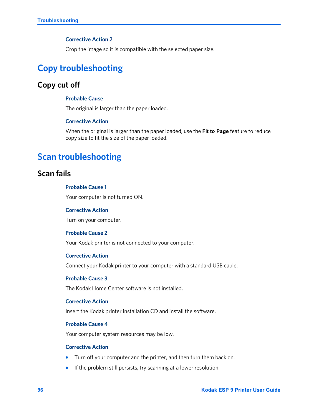 Kodak ESP 9 manual Copy troubleshooting, Scan troubleshooting, Copy cut off, Scan fails 