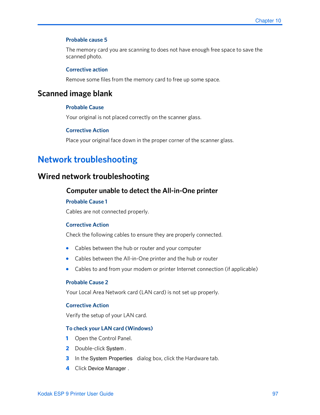 Kodak ESP 9 manual Network troubleshooting, Scanned image blank, Wired network troubleshooting 