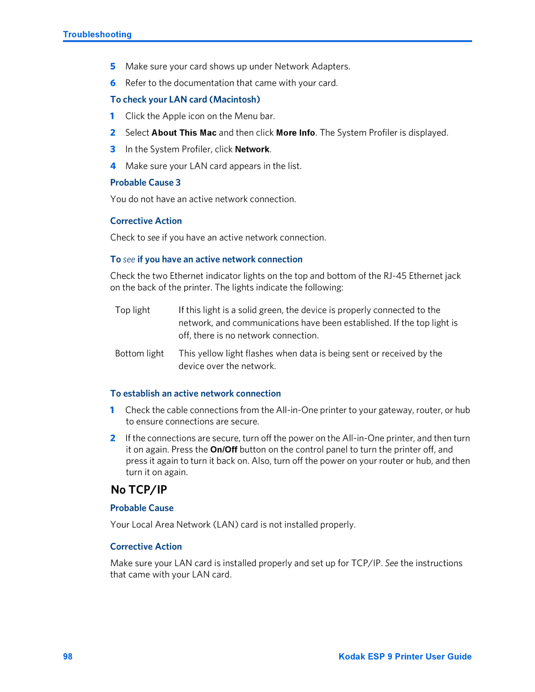 Kodak ESP 9 manual No TCP/IP 