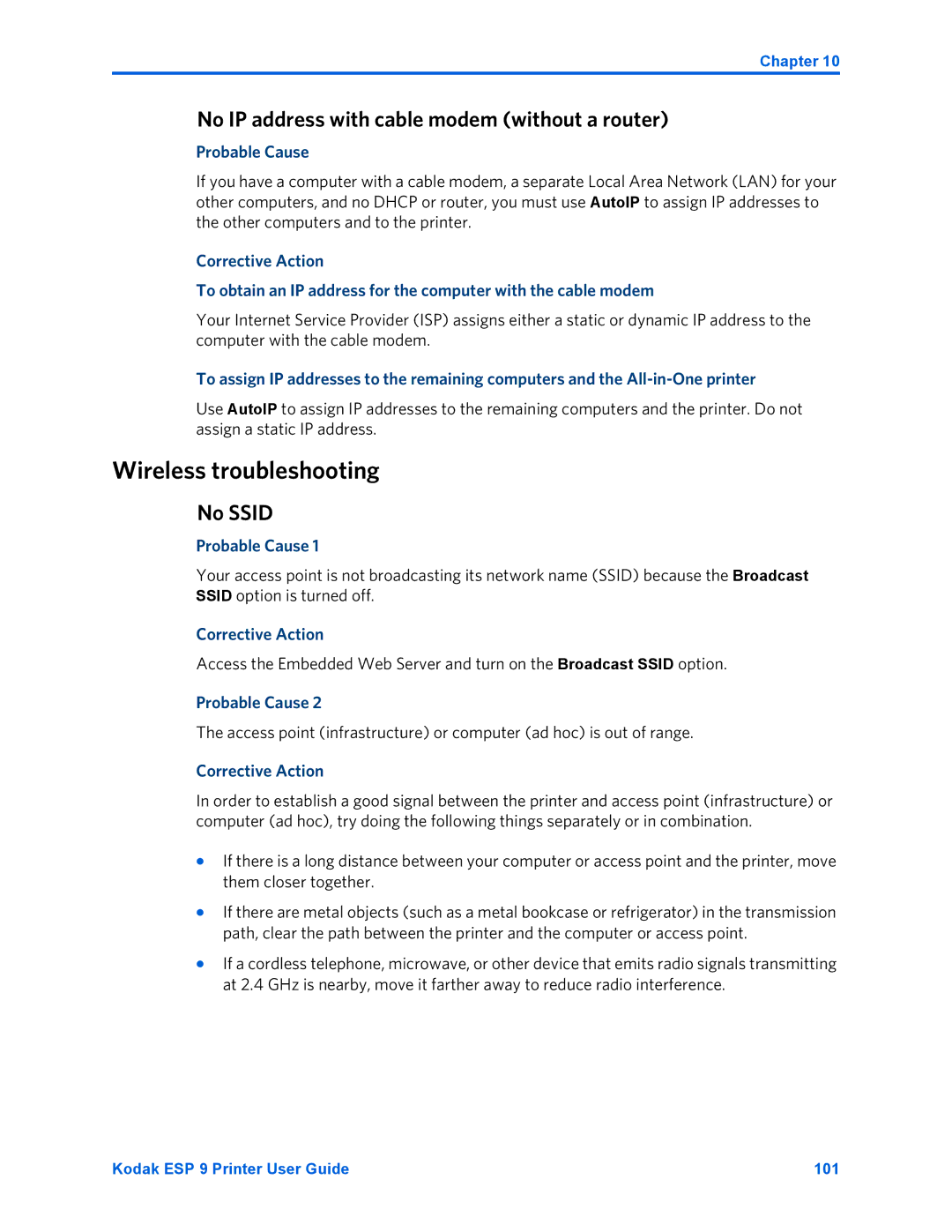 Kodak ESP 9 manual Wireless troubleshooting, No IP address with cable modem without a router, No Ssid 