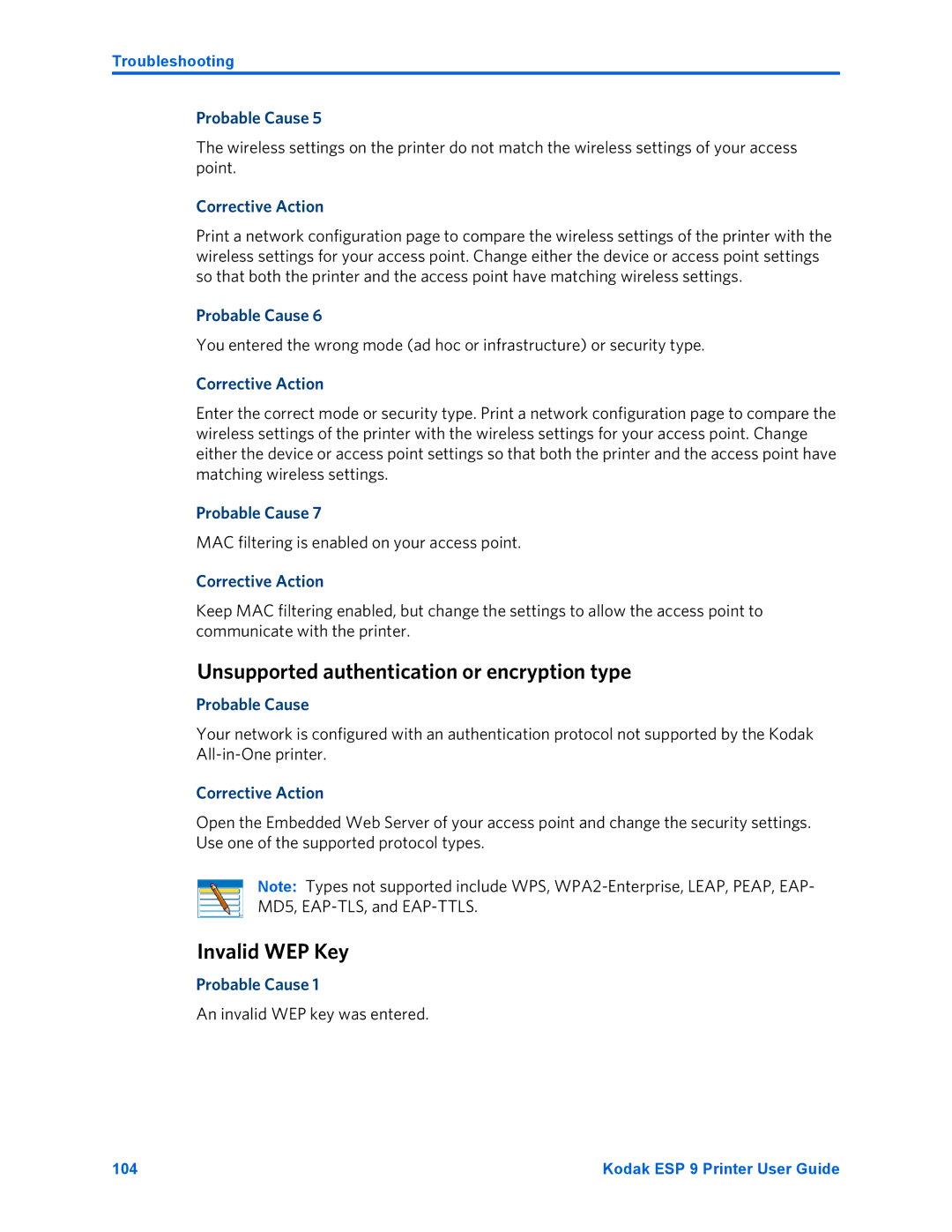 Kodak ESP 9 Unsupported authentication or encryption type, Invalid WEP Key, MAC filtering is enabled on your access point 