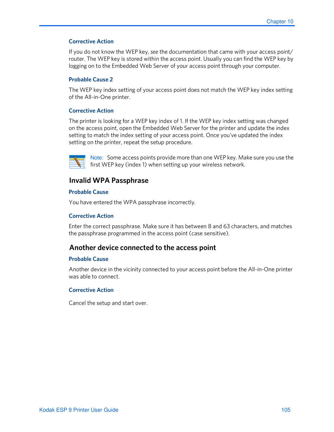 Kodak ESP 9 manual Invalid WPA Passphrase, Another device connected to the access point, Cancel the setup and start over 