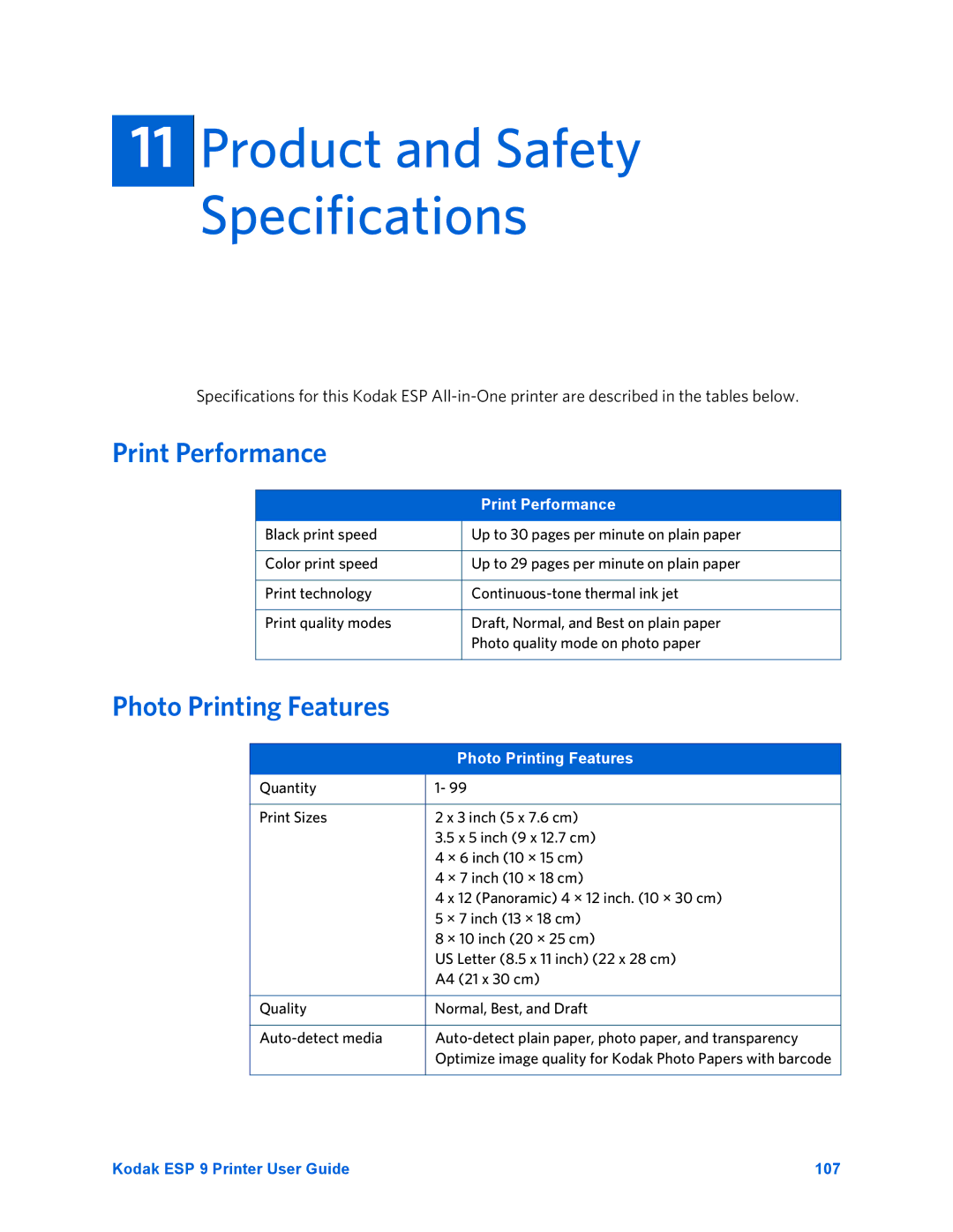 Kodak ESP 9 manual Product and Safety Specifications, Print Performance, Photo Printing Features 