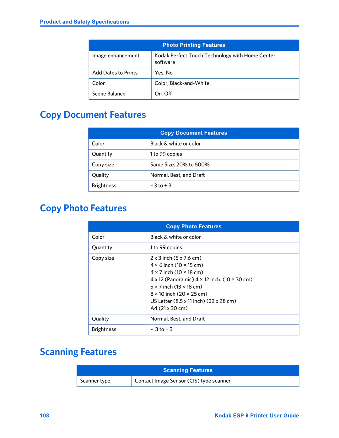 Kodak ESP 9 manual Copy Document Features, Copy Photo Features, Scanning Features 