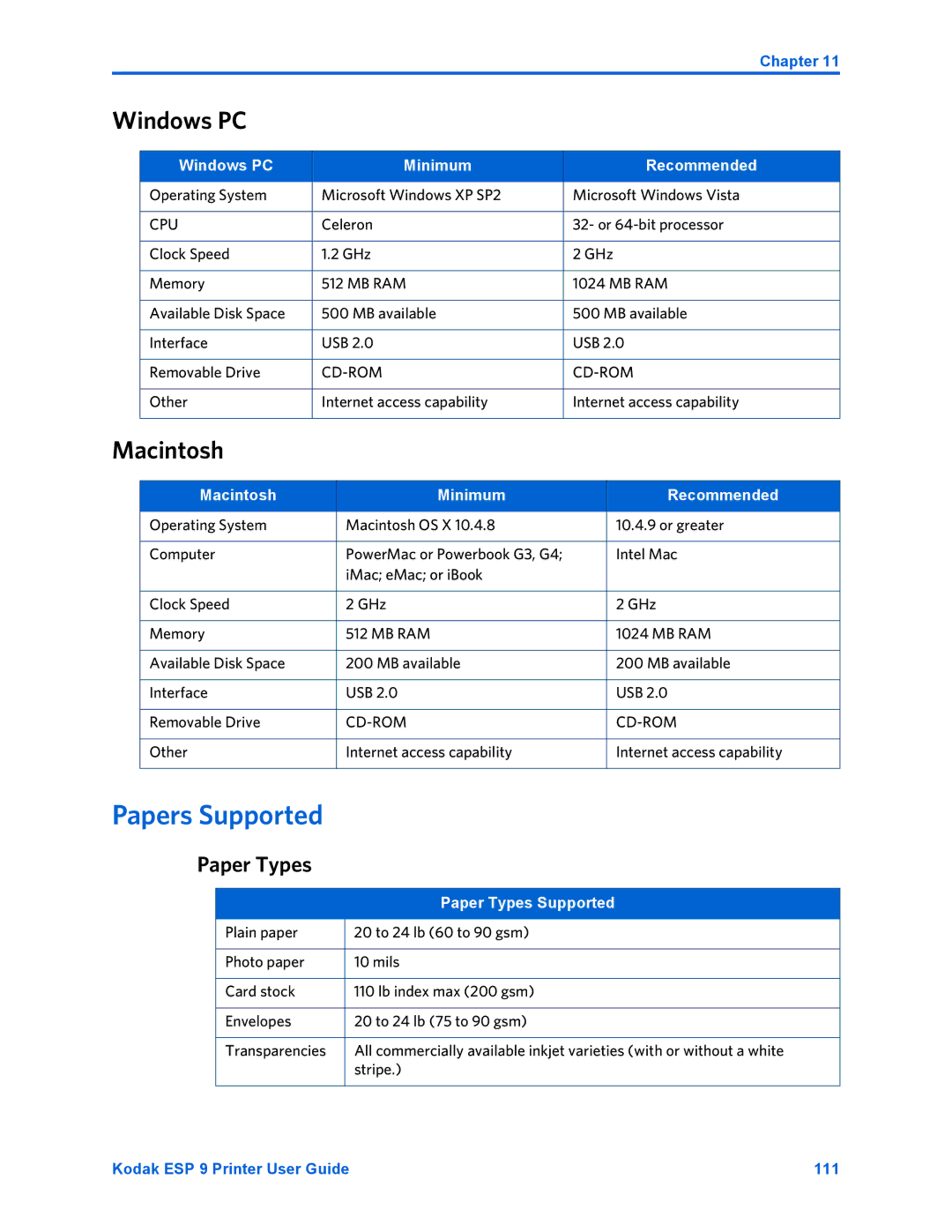 Kodak ESP 9 manual Papers Supported, Windows PC, Macintosh, Paper Types 