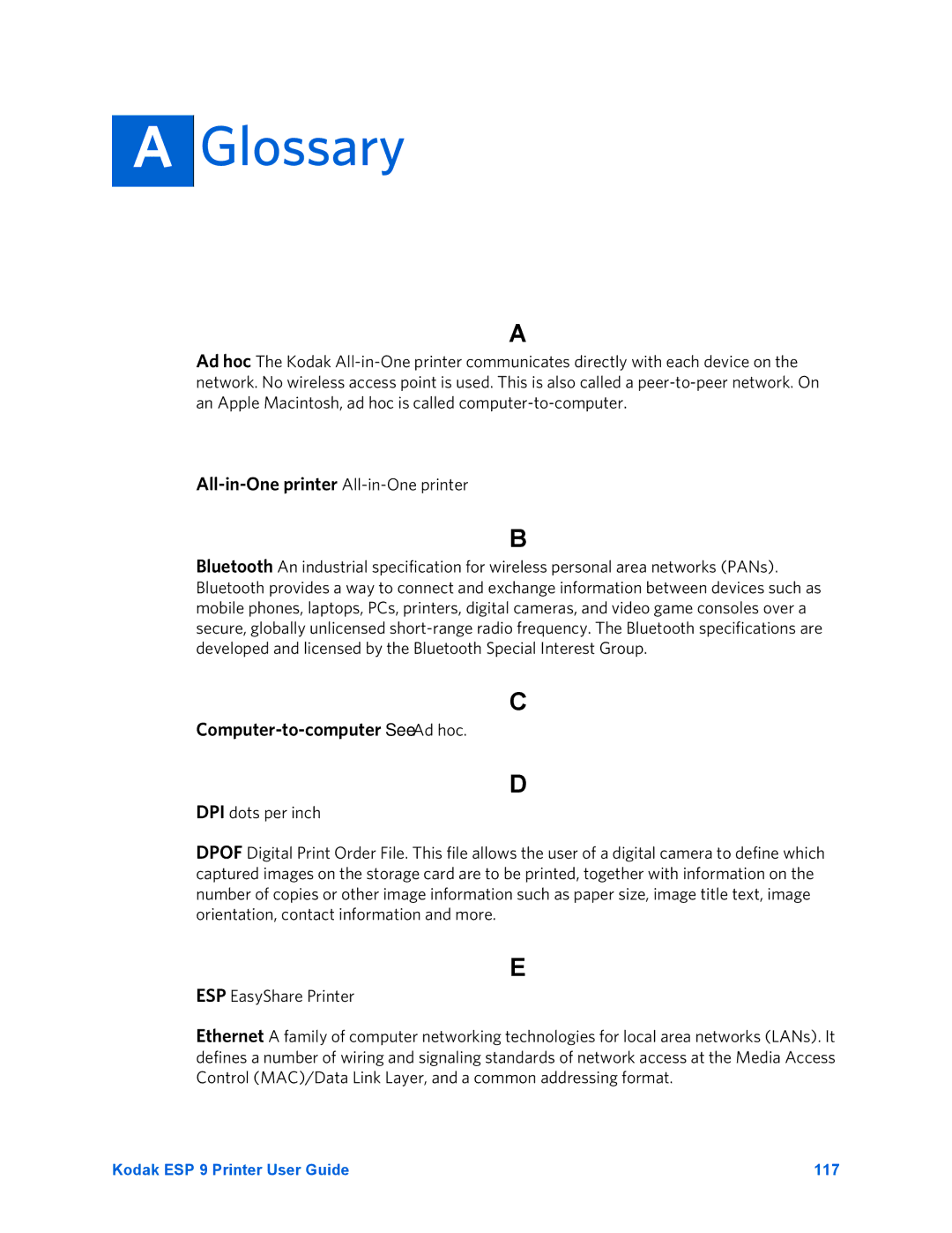 Kodak ESP 9 manual Glossary, All-in-One printer All-in-One printer 