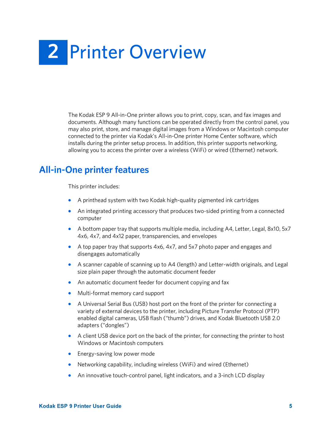 Kodak ESP 9 manual Printer Overview, All-in-One printer features 