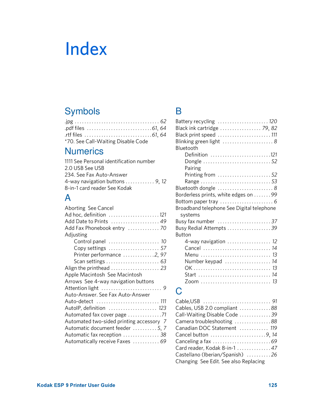 Kodak ESP 9 manual Index, Numerics 