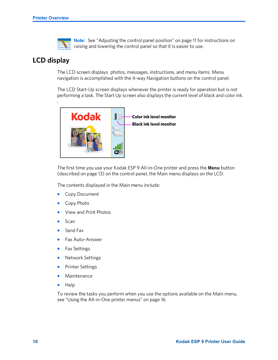 Kodak ESP 9 manual LCD display, Color ink level monitor Black ink level monitor 