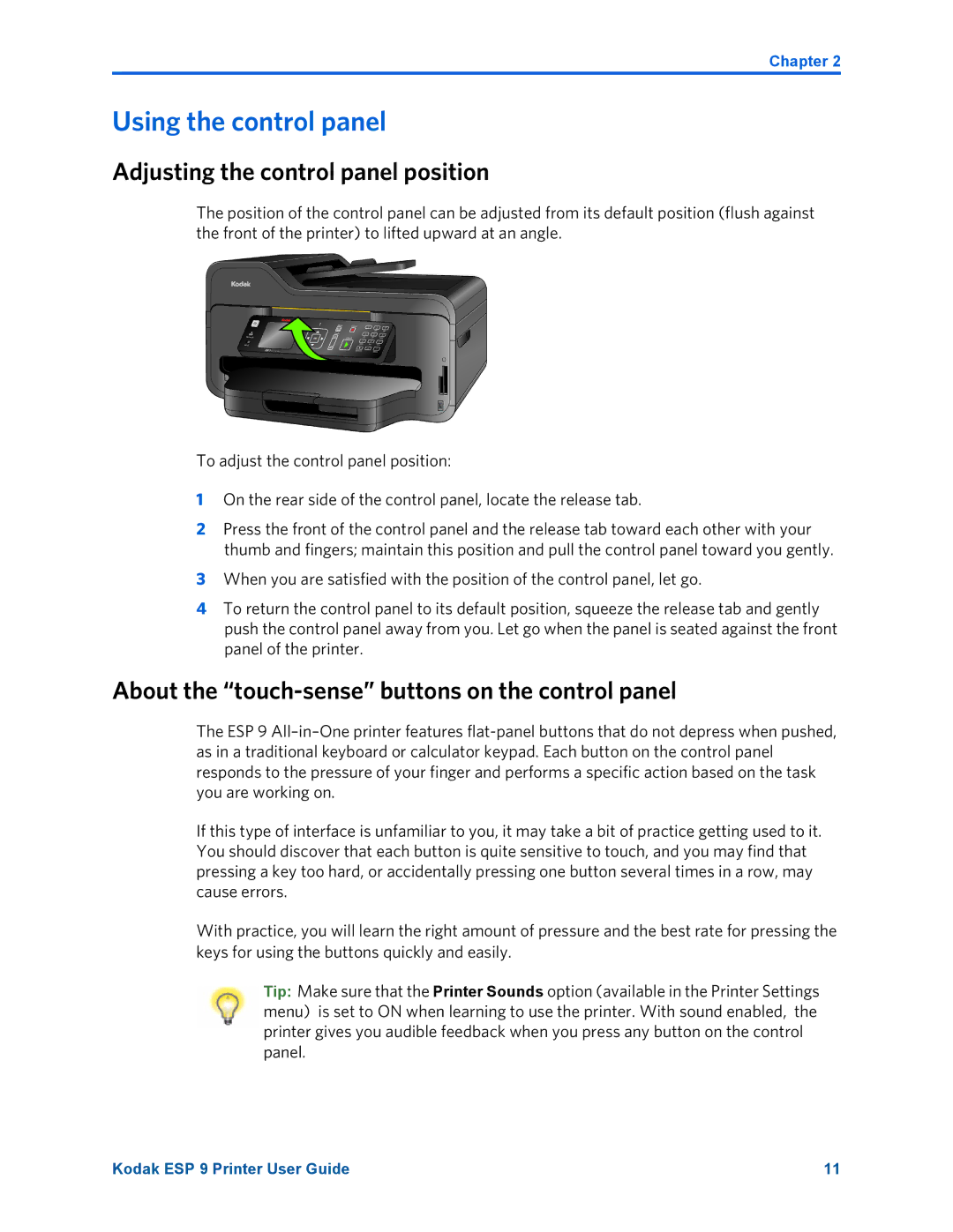 Kodak ESP 9 manual Using the control panel, Adjusting the control panel position 