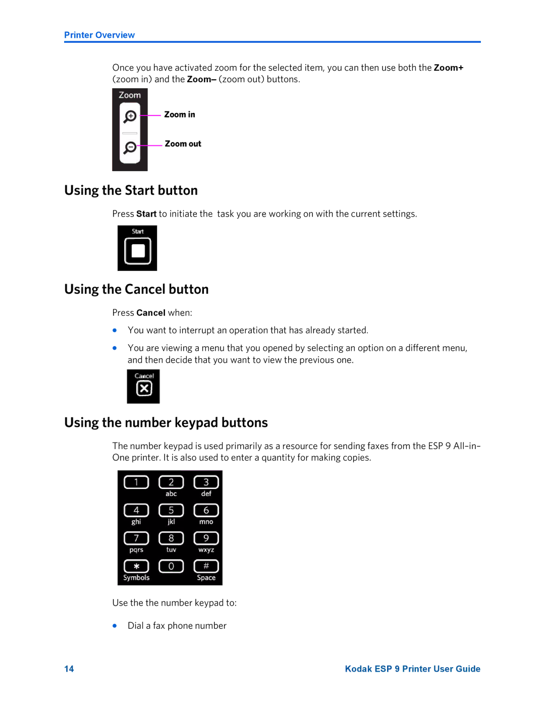 Kodak ESP 9 manual Using the Start button, Using the Cancel button, Using the number keypad buttons 