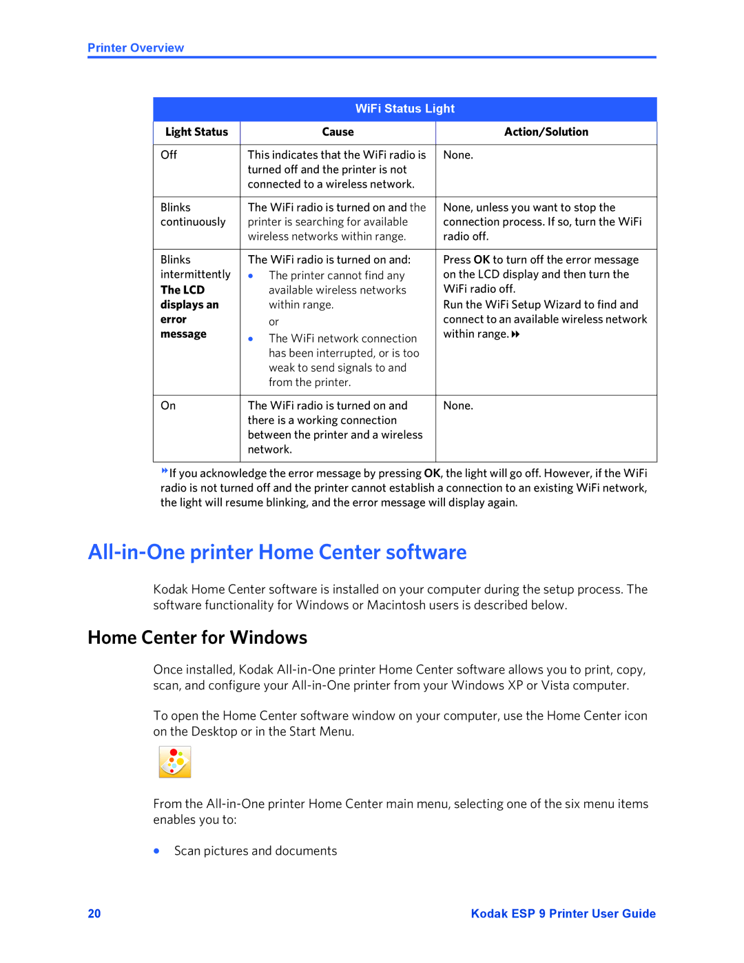 Kodak ESP 9 manual All-in-One printer Home Center software, Home Center for Windows, WiFi Status Light 