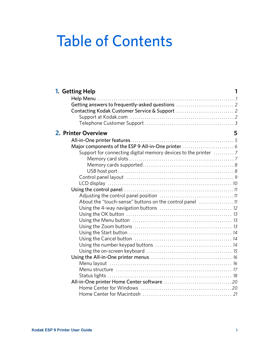 Kodak ESP 9 manual Table of Contents 