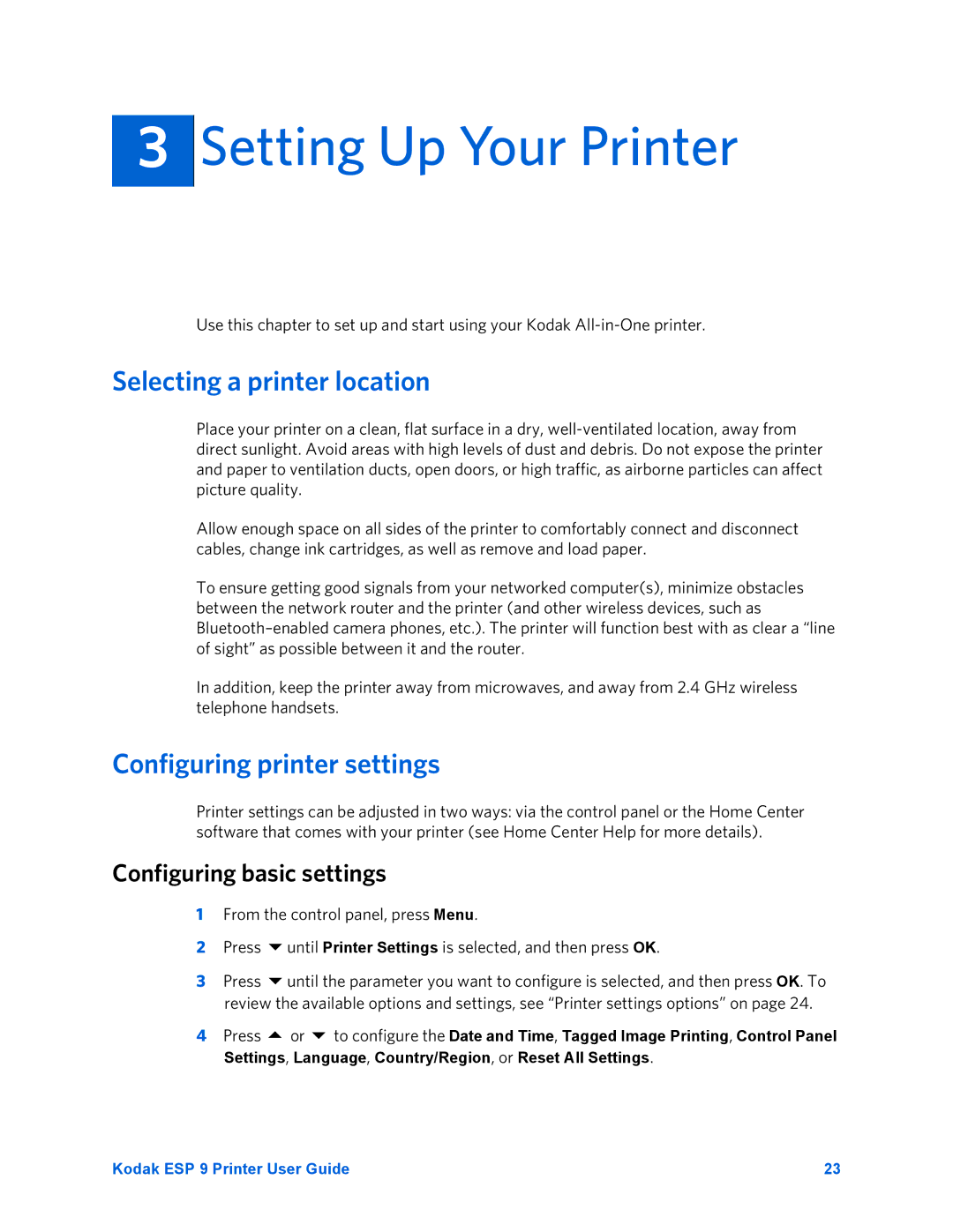 Kodak ESP 9 manual Setting Up Your Printer, Selecting a printer location, Configuring printer settings 