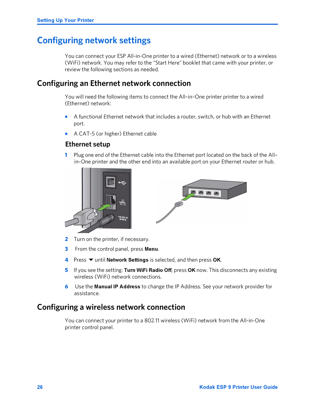 Kodak ESP 9 manual Configuring network settings, Configuring an Ethernet network connection, Ethernet setup 