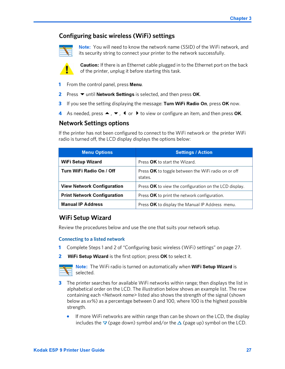 Kodak ESP 9 manual Configuring basic wireless WiFi settings, Network Settings options, WiFi Setup Wizard 