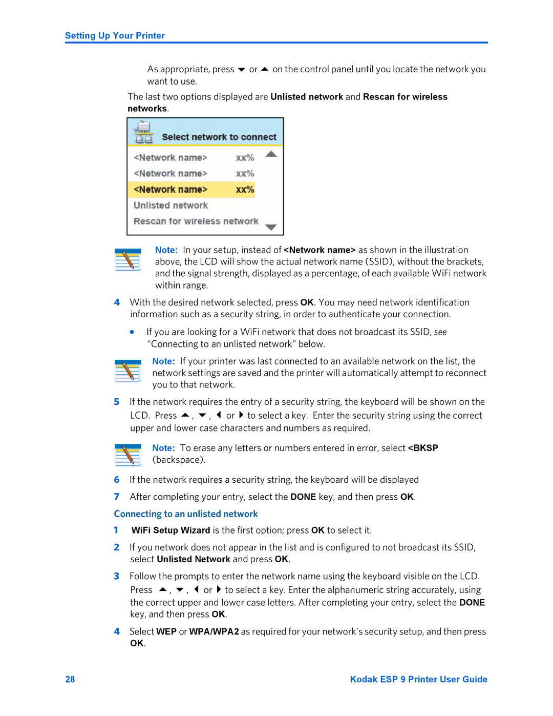 Kodak ESP 9 manual Connecting to an unlisted network 