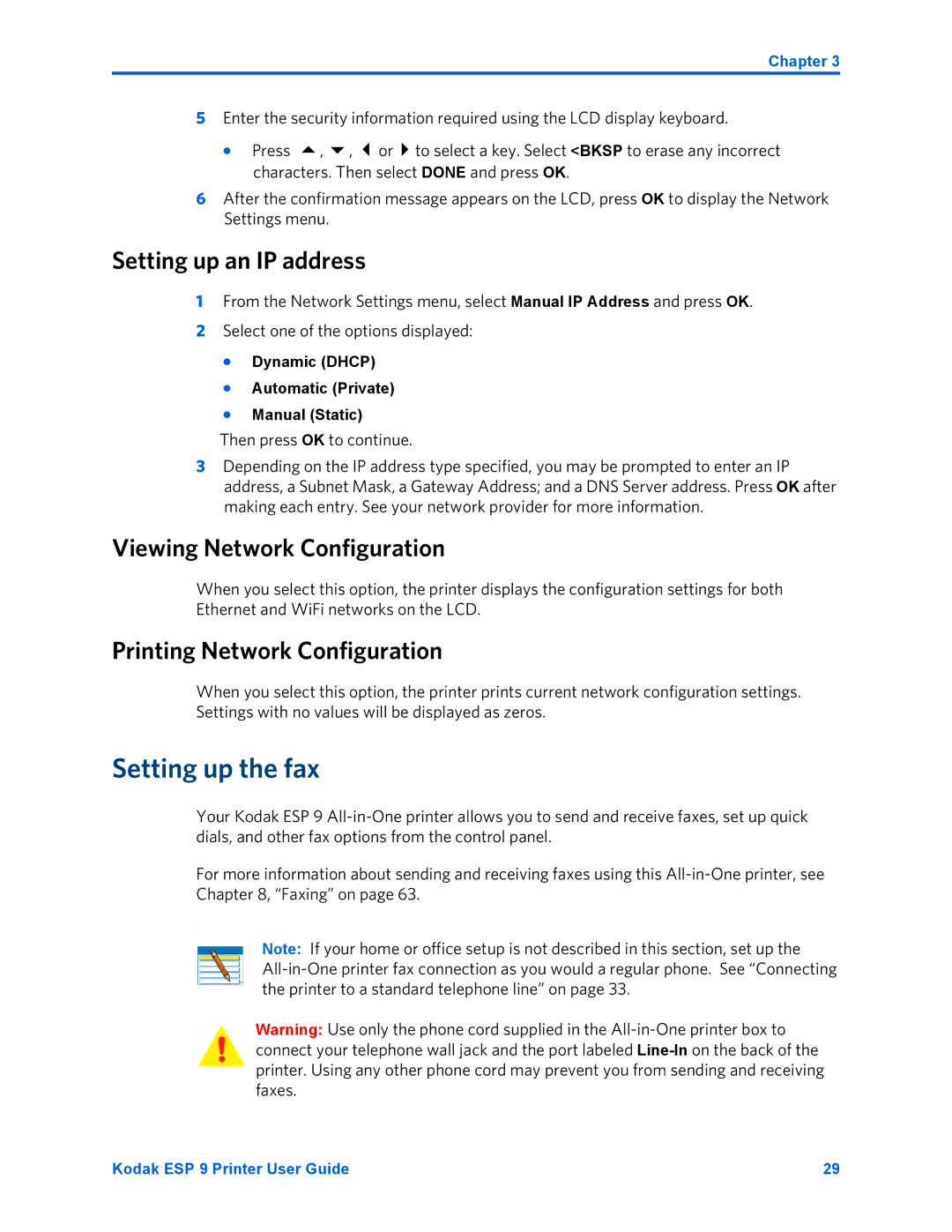 Kodak ESP 9 manual Setting up an IP address, Viewing Network Configuration, Printing Network Configuration 