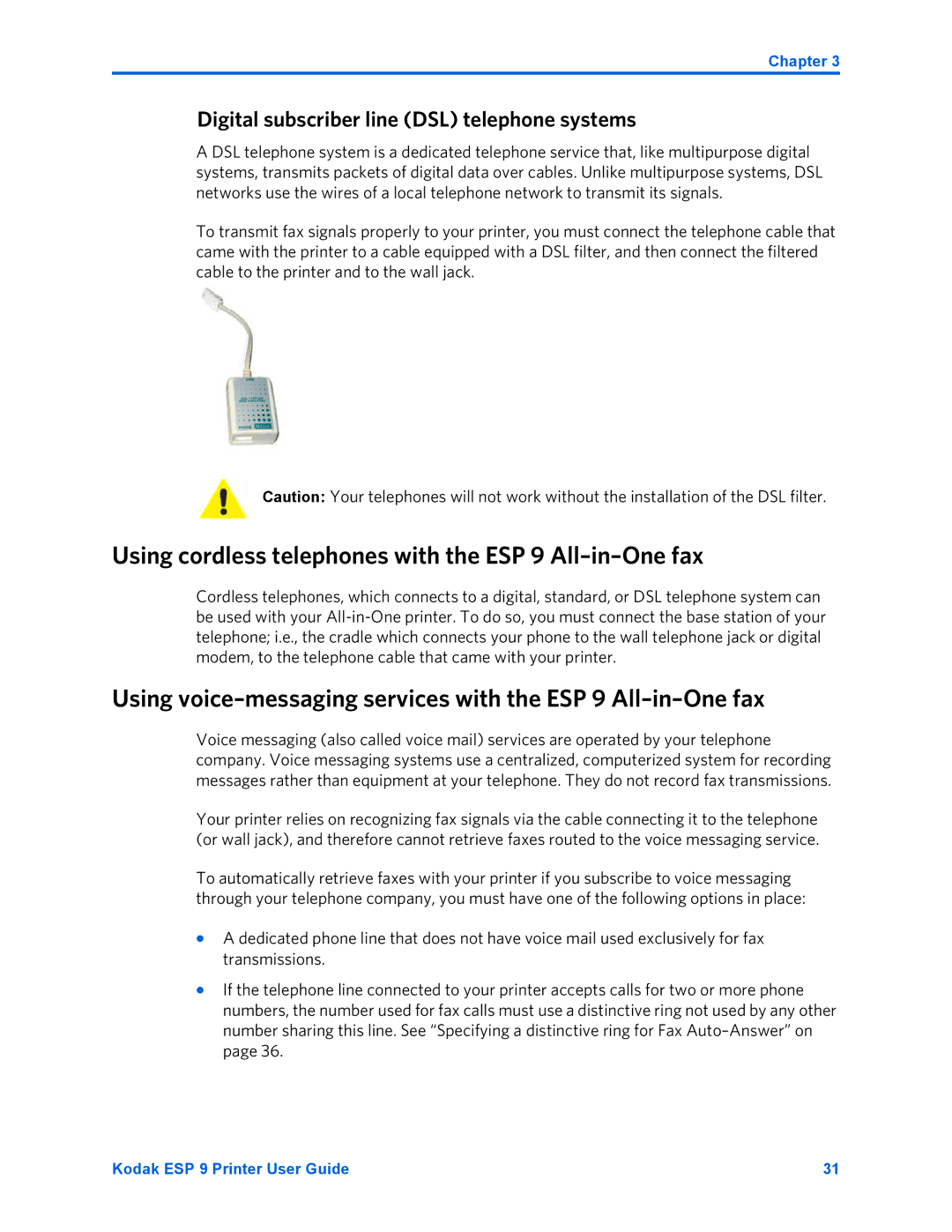 Kodak manual Using cordless telephones with the ESP 9 All-in-One fax, Digital subscriber line DSL telephone systems 