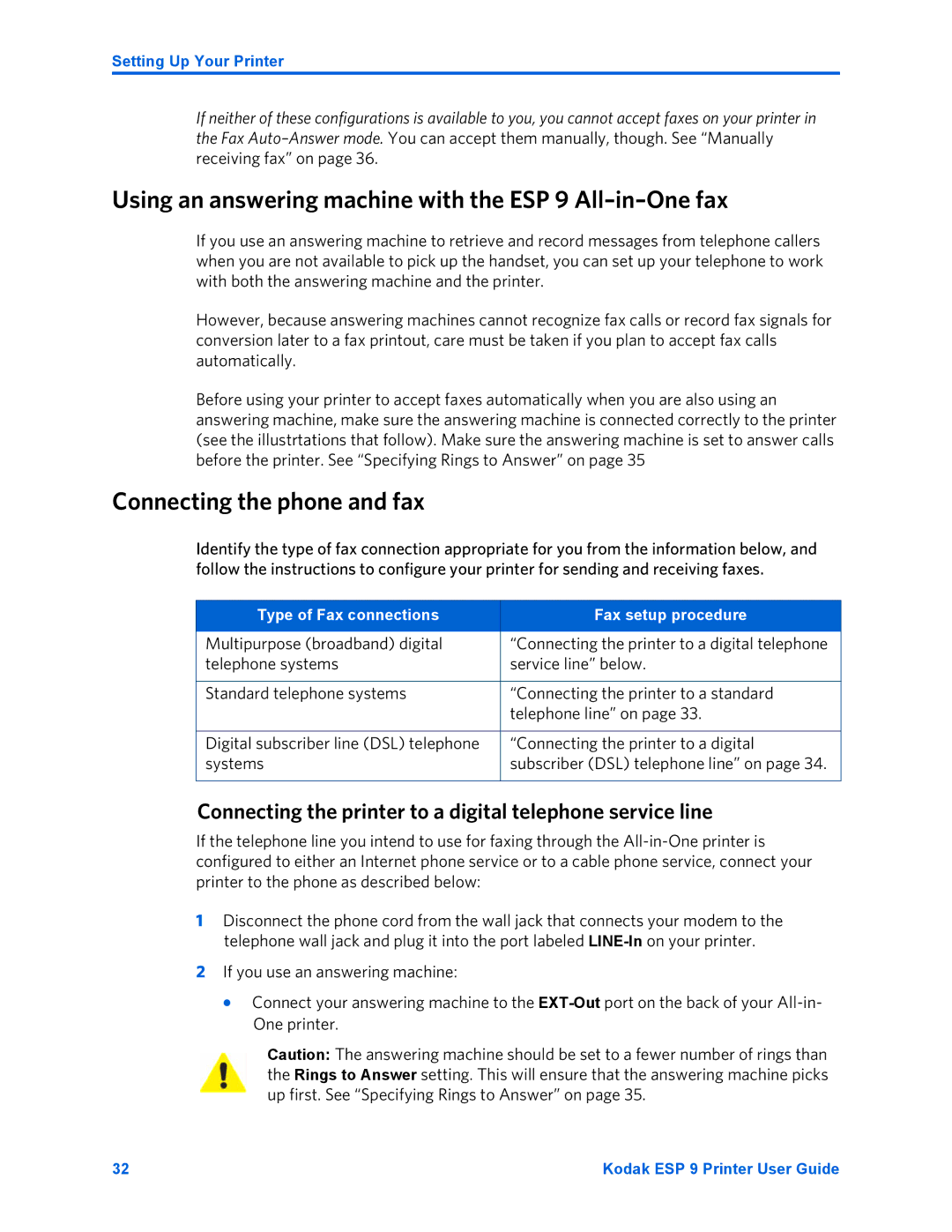 Kodak manual Using an answering machine with the ESP 9 All-in-One fax, Connecting the phone and fax 