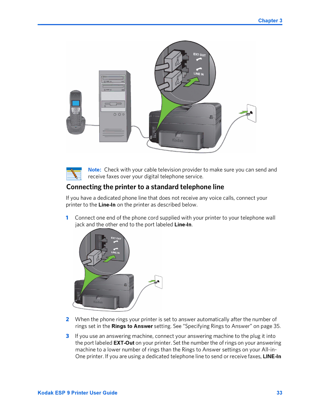 Kodak ESP 9 manual Connecting the printer to a standard telephone line 