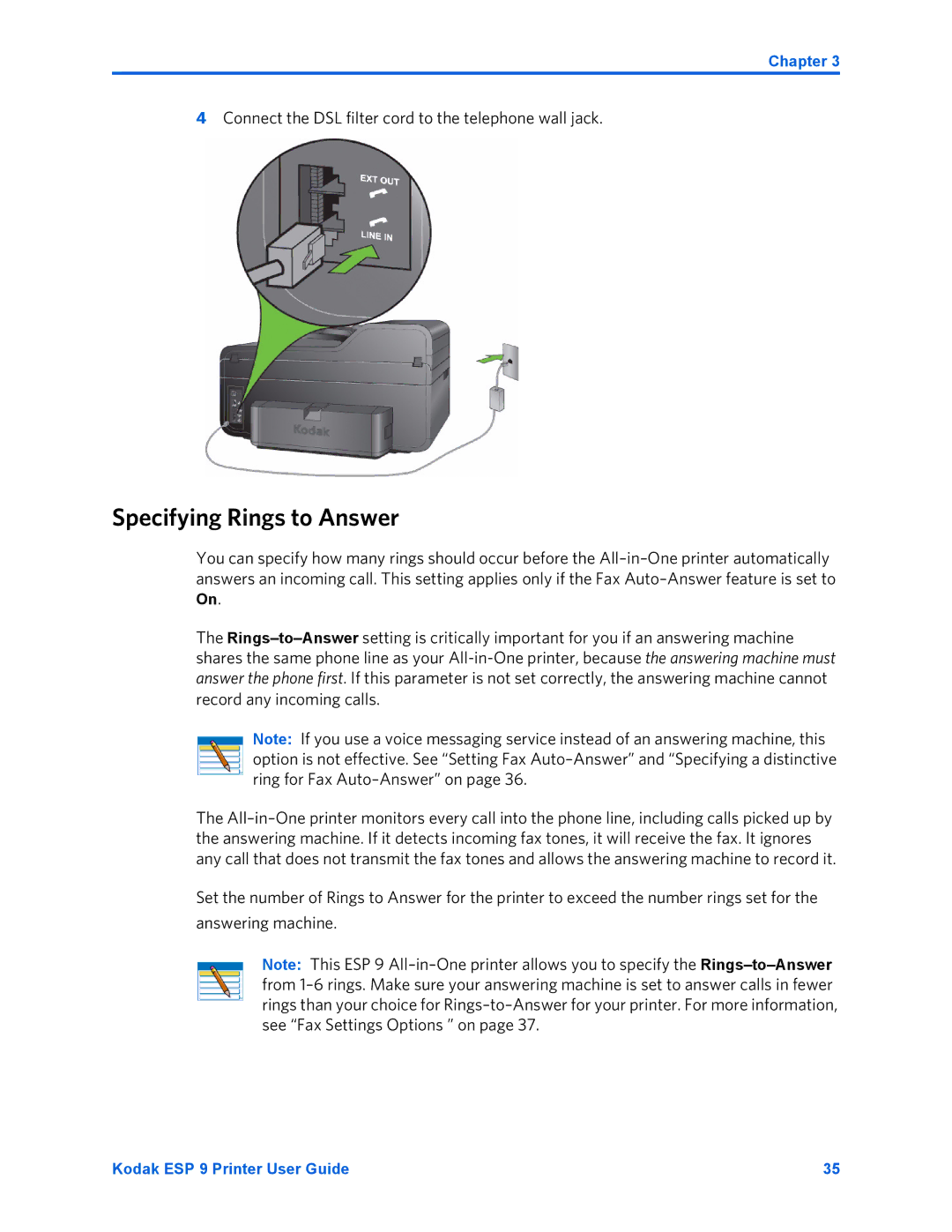 Kodak ESP 9 manual Specifying Rings to Answer, Connect the DSL filter cord to the telephone wall jack 