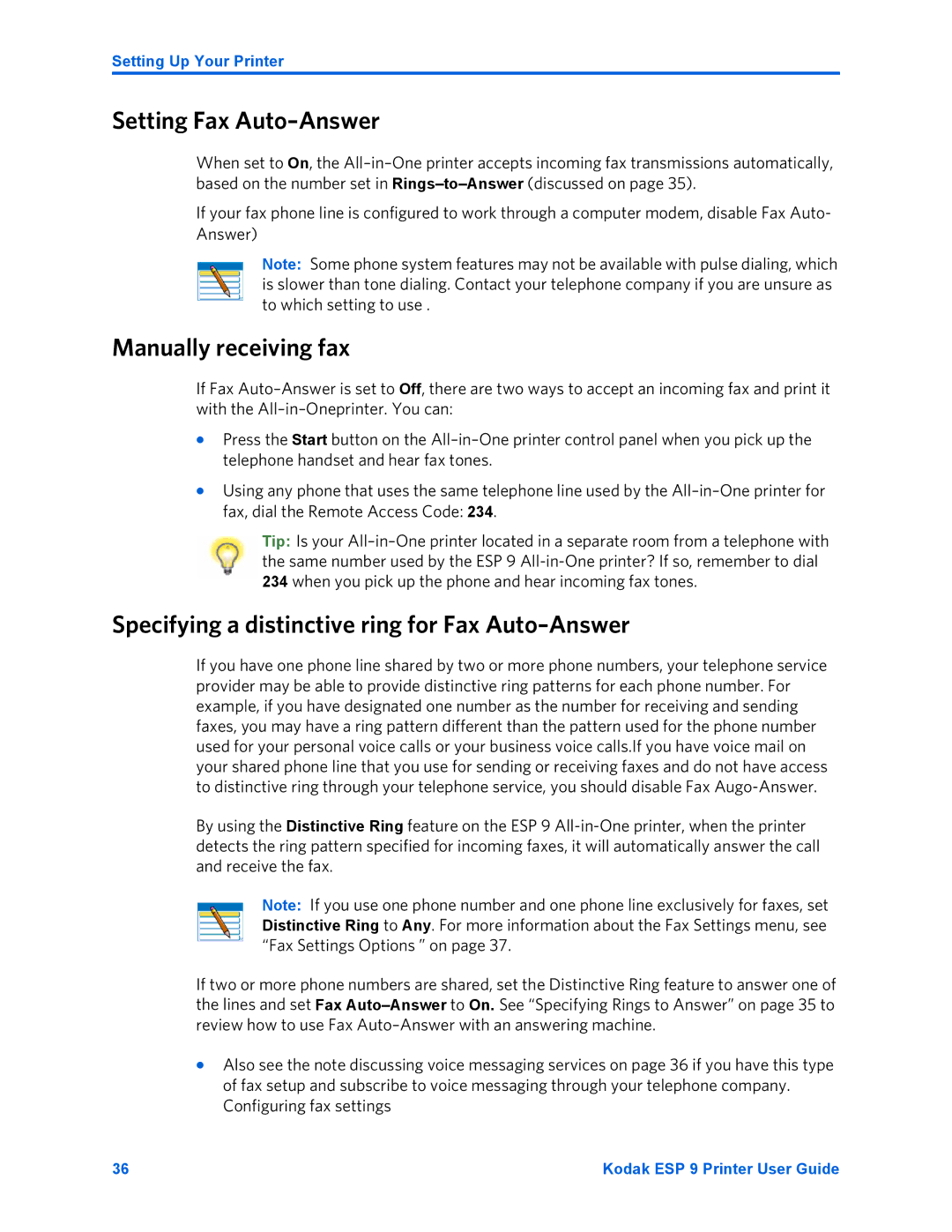 Kodak ESP 9 manual Setting Fax Auto-Answer, Manually receiving fax, Specifying a distinctive ring for Fax Auto-Answer 