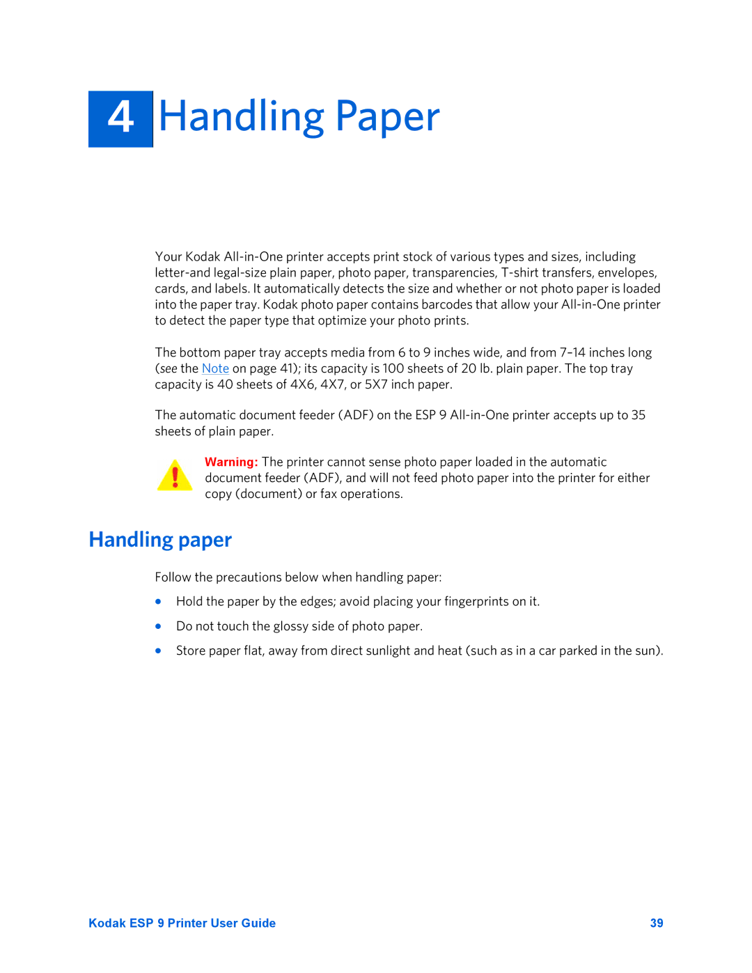 Kodak ESP 9 manual Handling Paper, Handling paper 