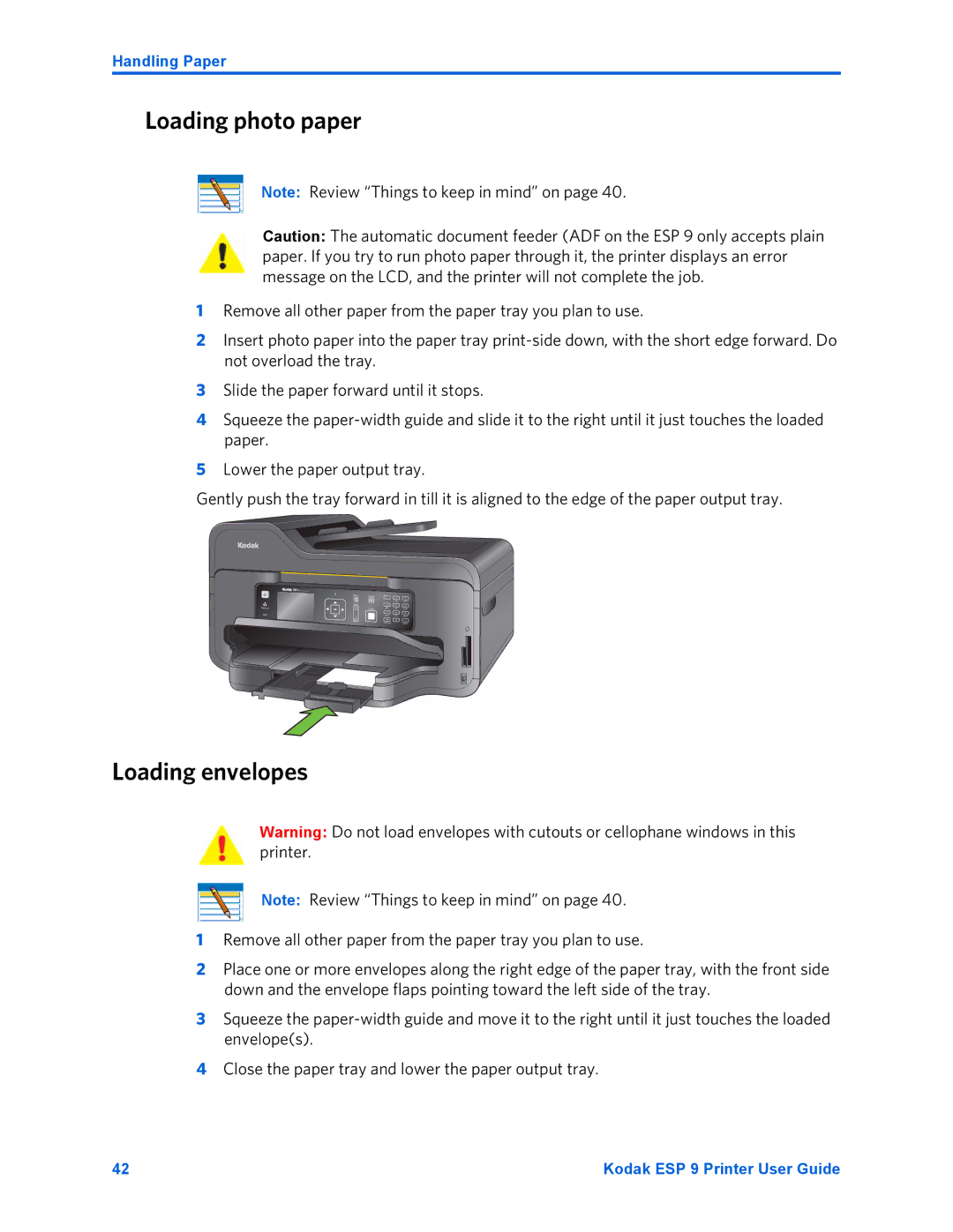 Kodak ESP 9 manual Loading photo paper, Loading envelopes 