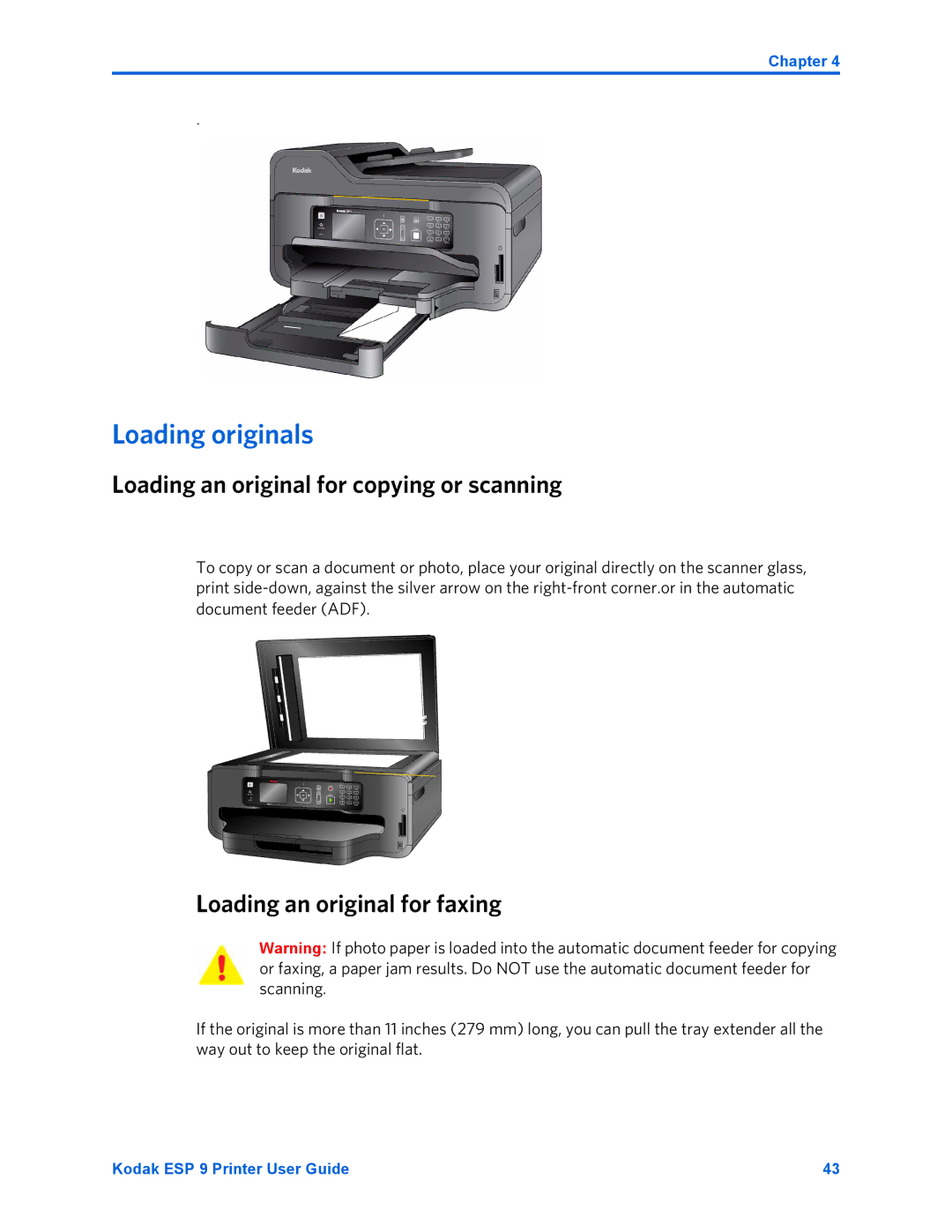 Kodak ESP 9 manual Loading originals, Loading an original for copying or scanning, Loading an original for faxing 