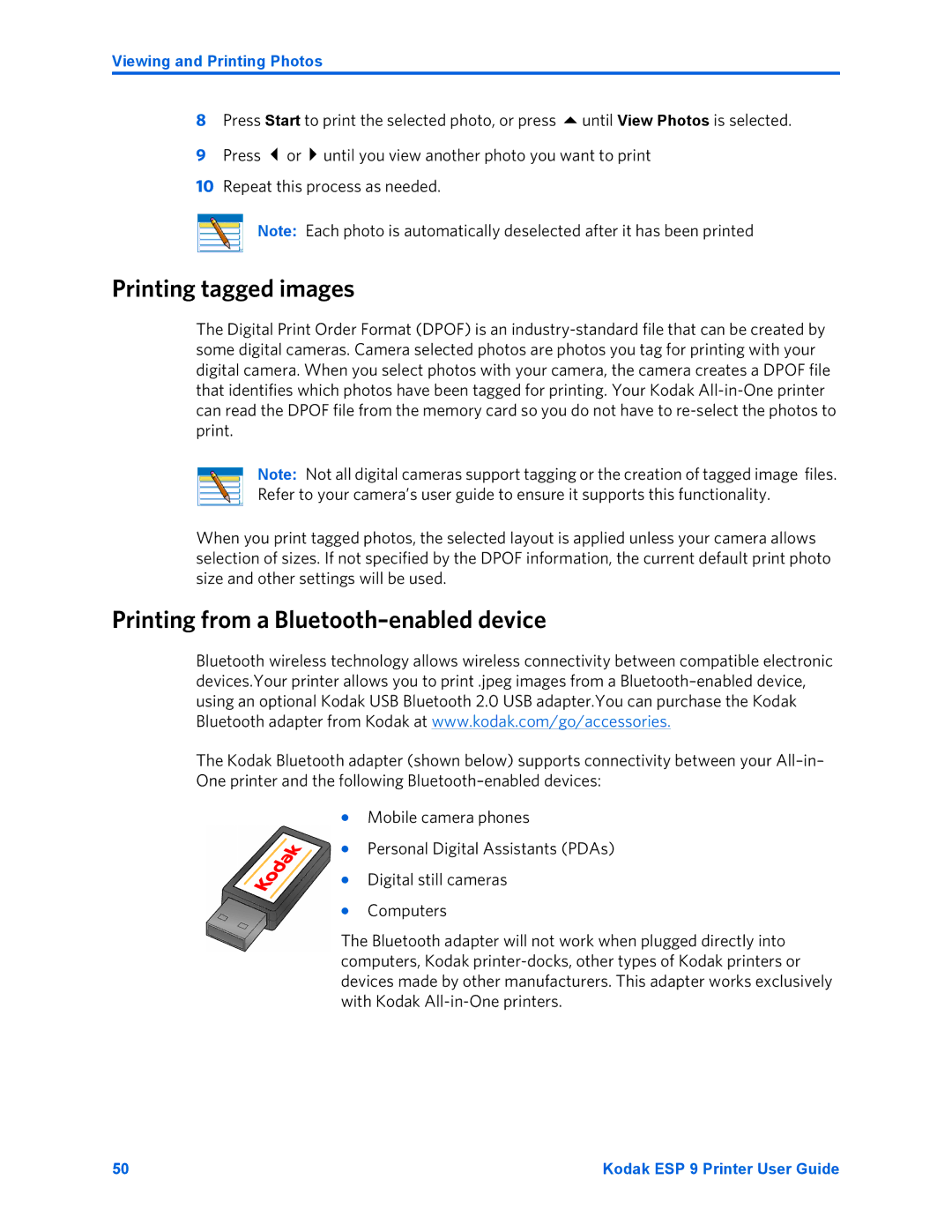 Kodak ESP 9 manual Printing tagged images, Printing from a Bluetooth-enabled device, Repeat this process as needed 