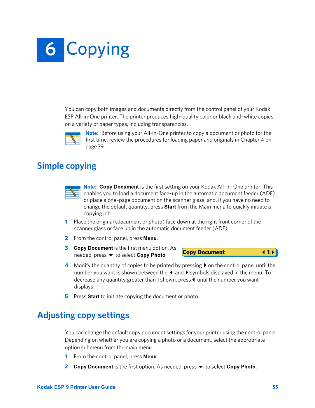 Kodak ESP 9 manual Copying, Simple copying, Adjusting copy settings, Needed, press to select Copy Photo 