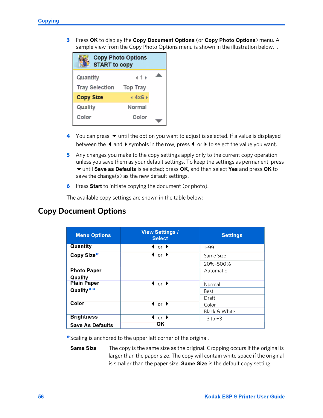 Kodak ESP 9 manual Copy Document Options, You can press, Menu Options View Settings 