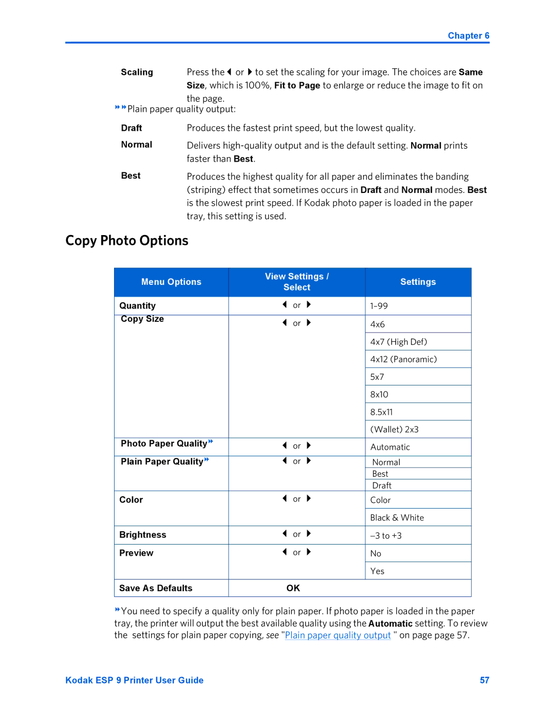 Kodak ESP 9 manual Copy Photo Options, Plain paper quality output, Produces the fastest print speed, but the lowest quality 