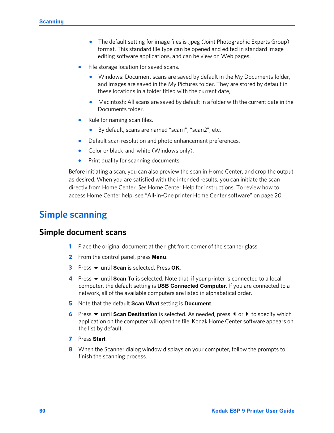 Kodak ESP 9 manual Simple scanning, Simple document scans 