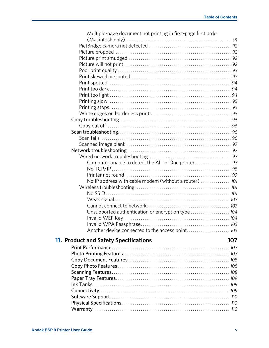 Kodak ESP 9 manual Product and Safety Specifications 107, Photo Printing Features Copy Document Features 