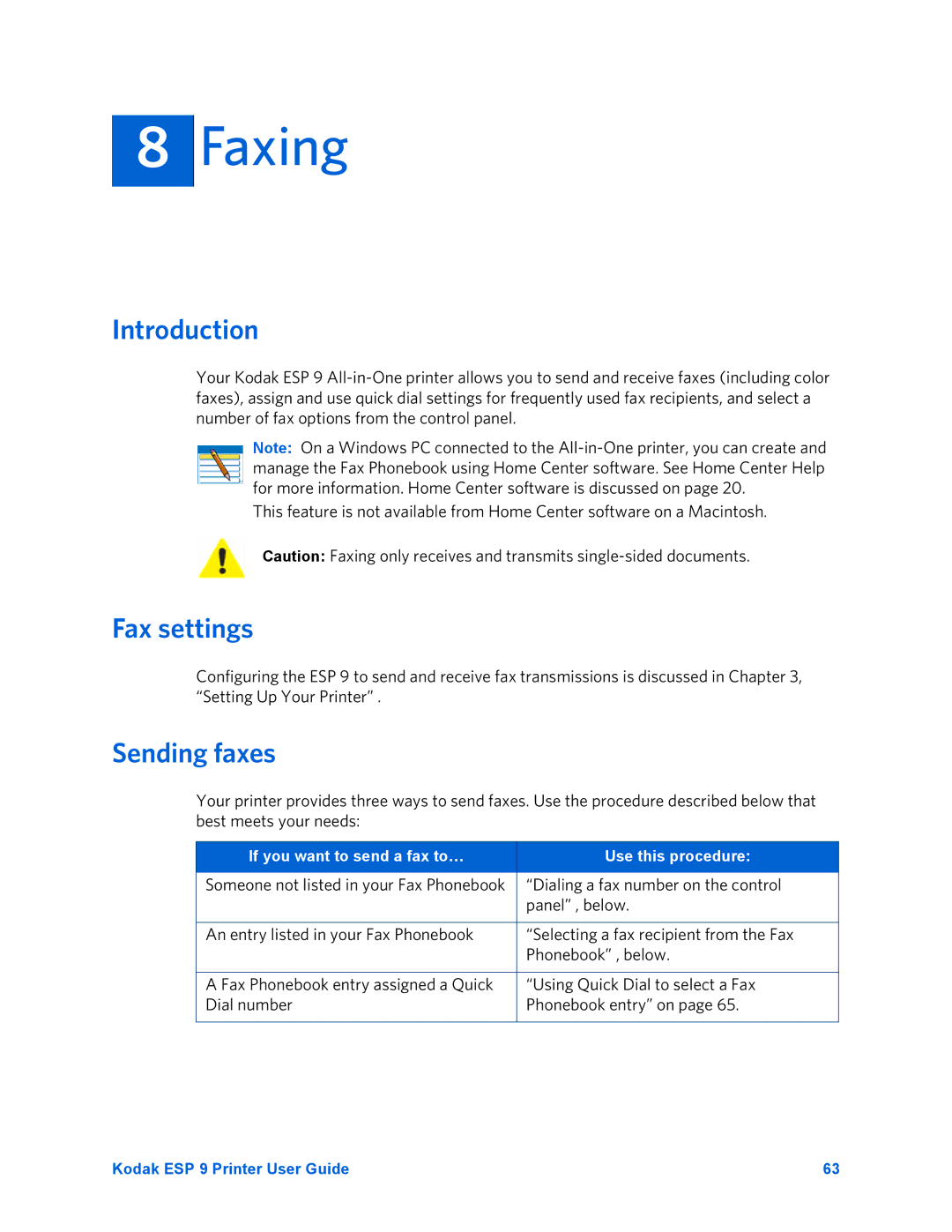 Kodak ESP 9 manual Faxing, Introduction, Fax settings, Sending faxes 