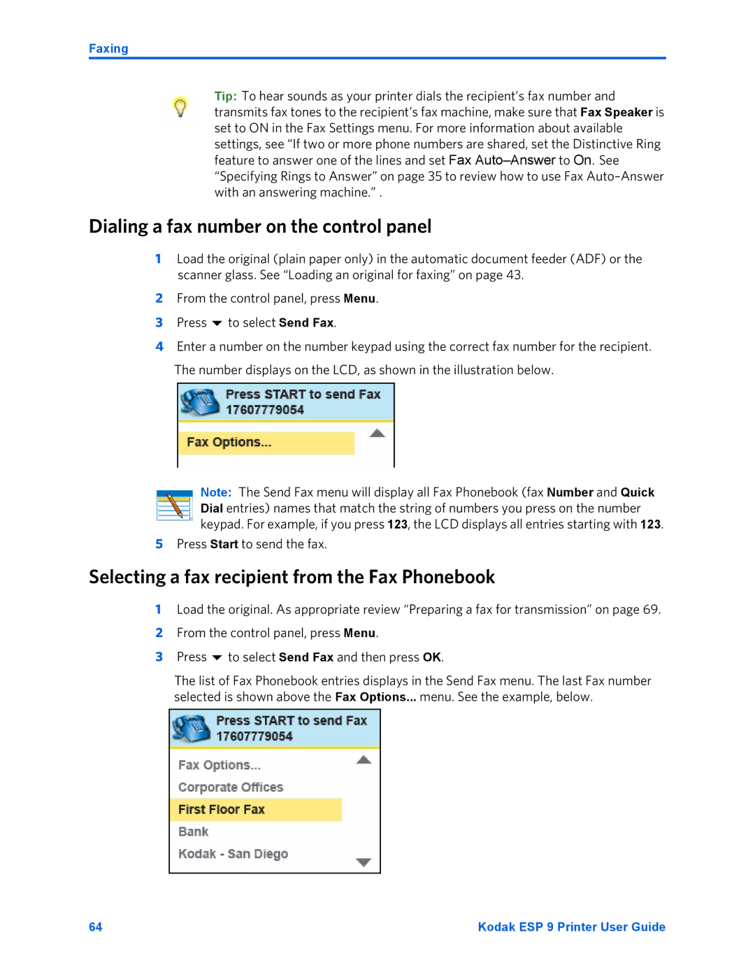 Kodak ESP 9 manual Dialing a fax number on the control panel, Selecting a fax recipient from the Fax Phonebook 