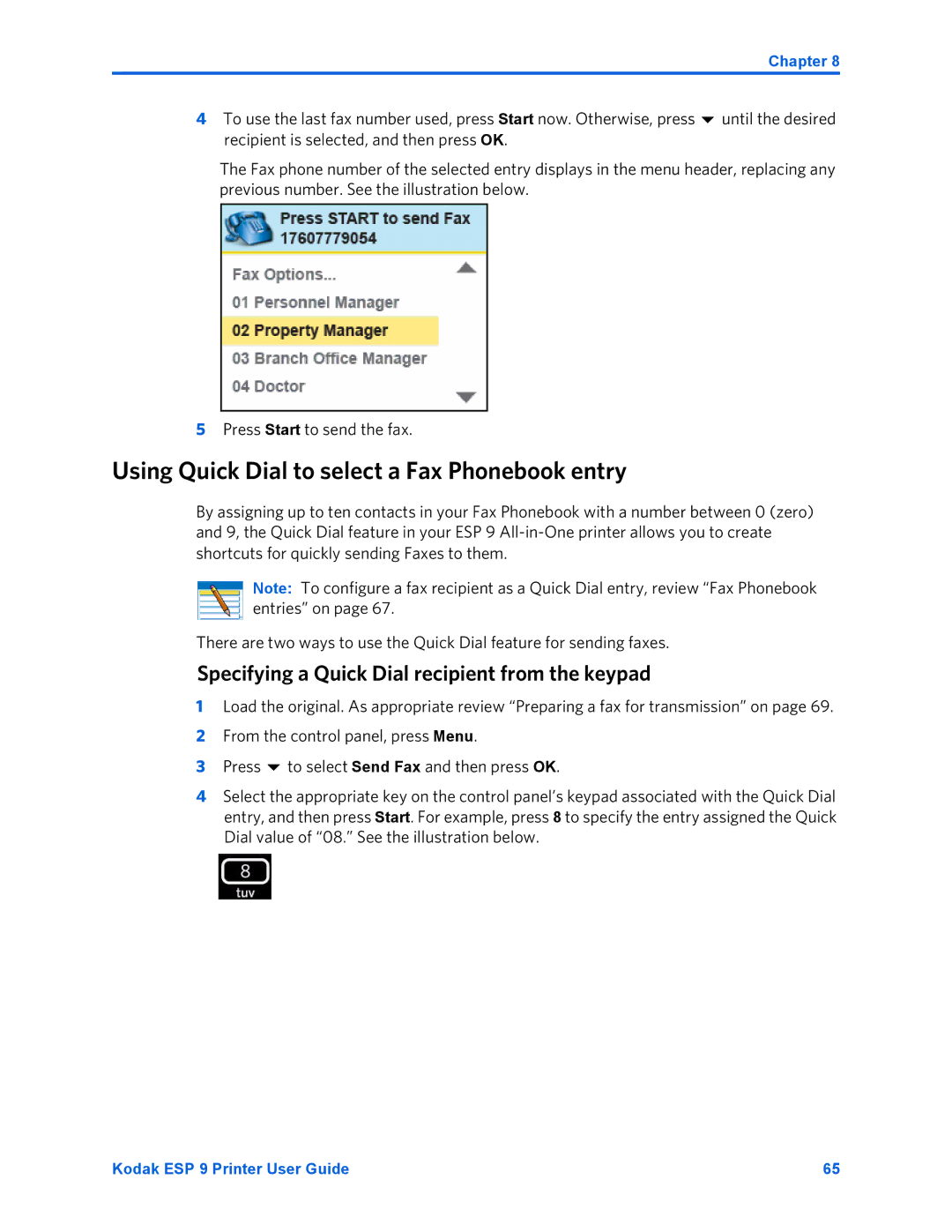 Kodak ESP 9 manual Using Quick Dial to select a Fax Phonebook entry, Specifying a Quick Dial recipient from the keypad 