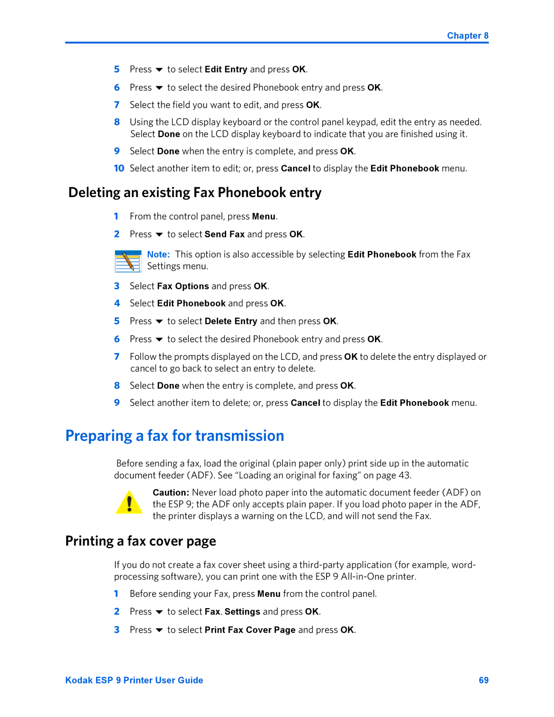 Kodak ESP 9 manual Preparing a fax for transmission, Deleting an existing Fax Phonebook entry, Printing a fax cover 