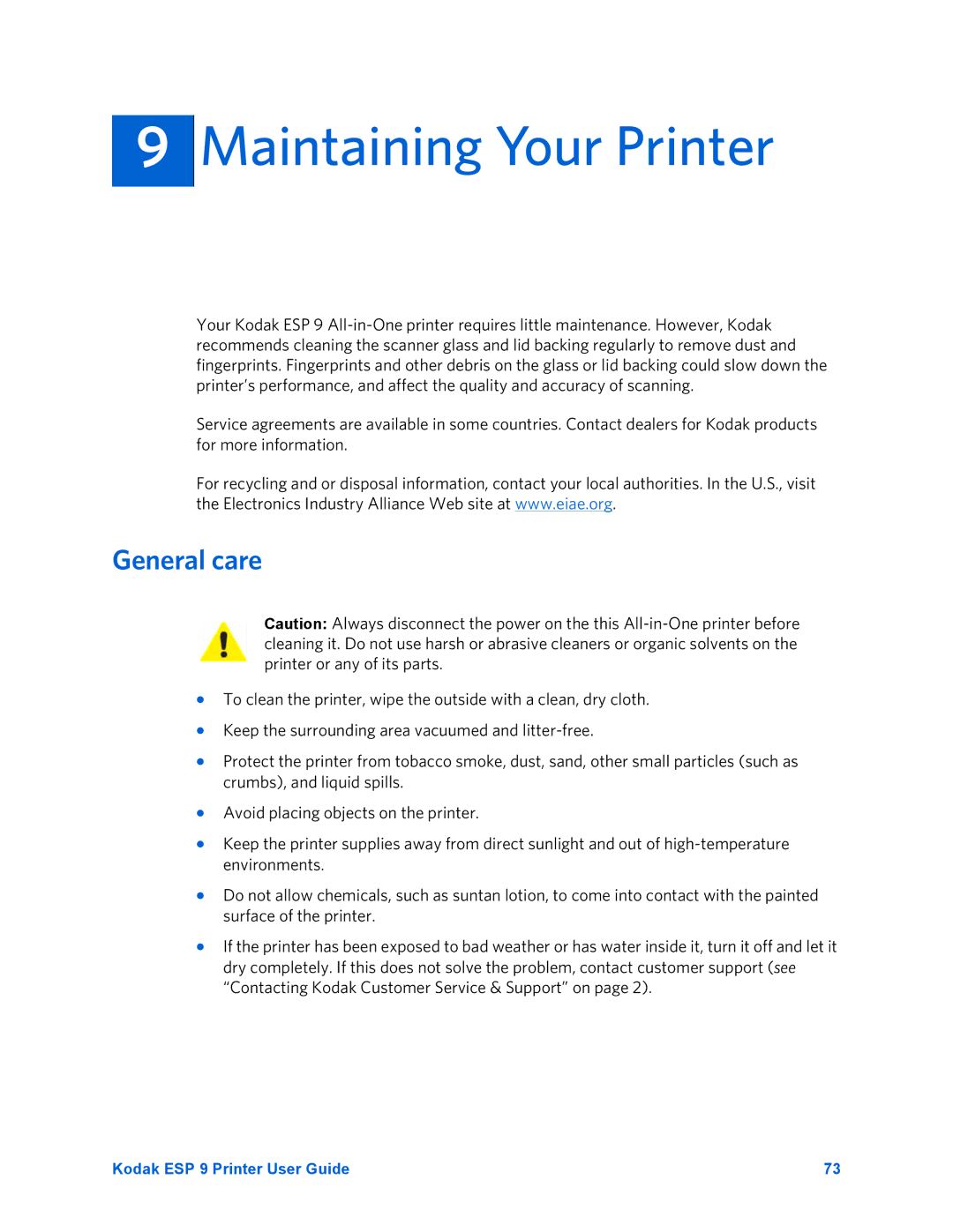 Kodak ESP 9 manual Maintaining Your Printer, General care 