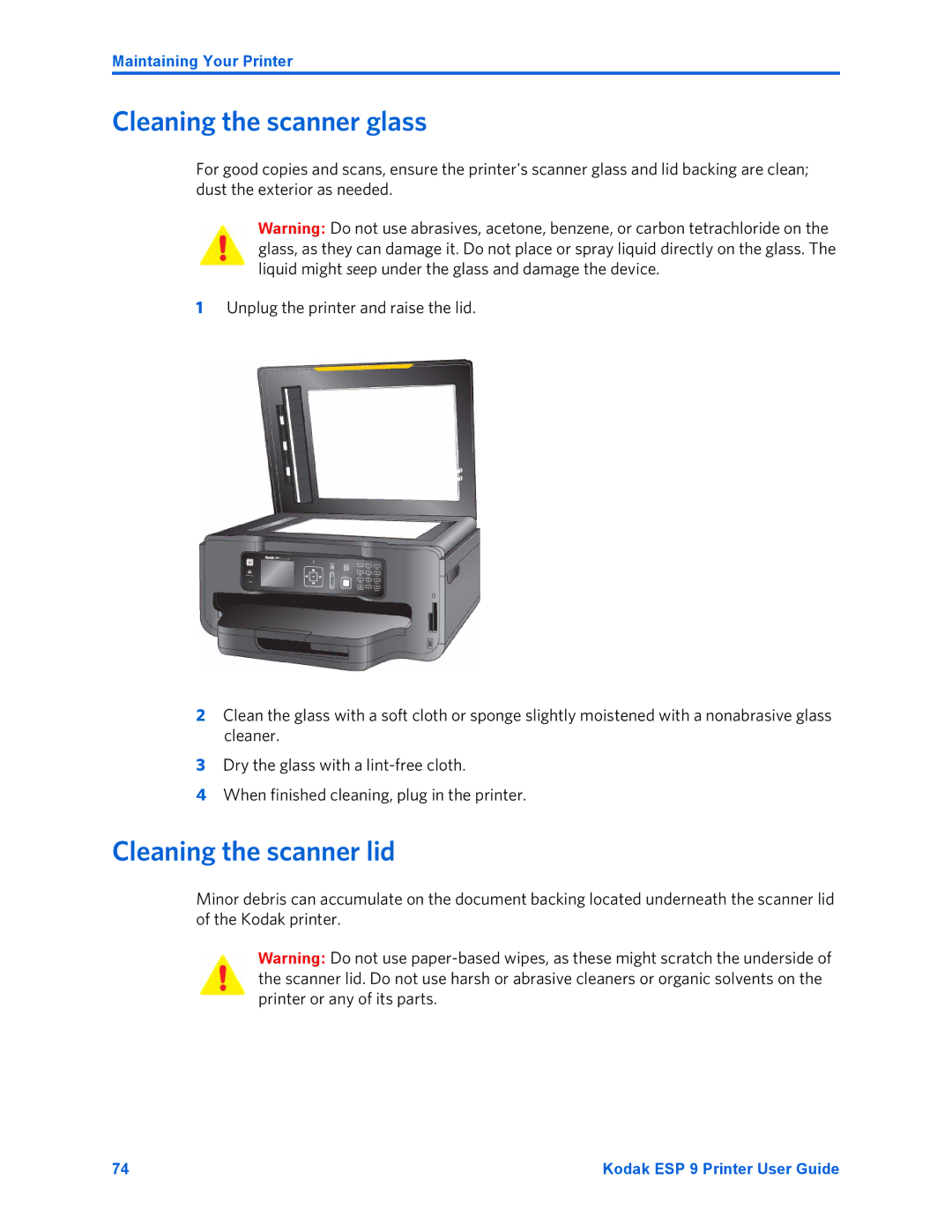 Kodak ESP 9 manual Cleaning the scanner glass, Cleaning the scanner lid 