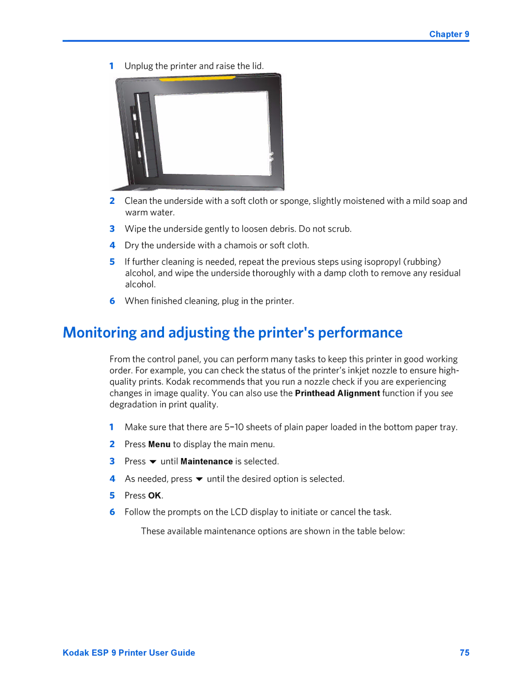 Kodak ESP 9 manual Monitoring and adjusting the printers performance, Press OK 