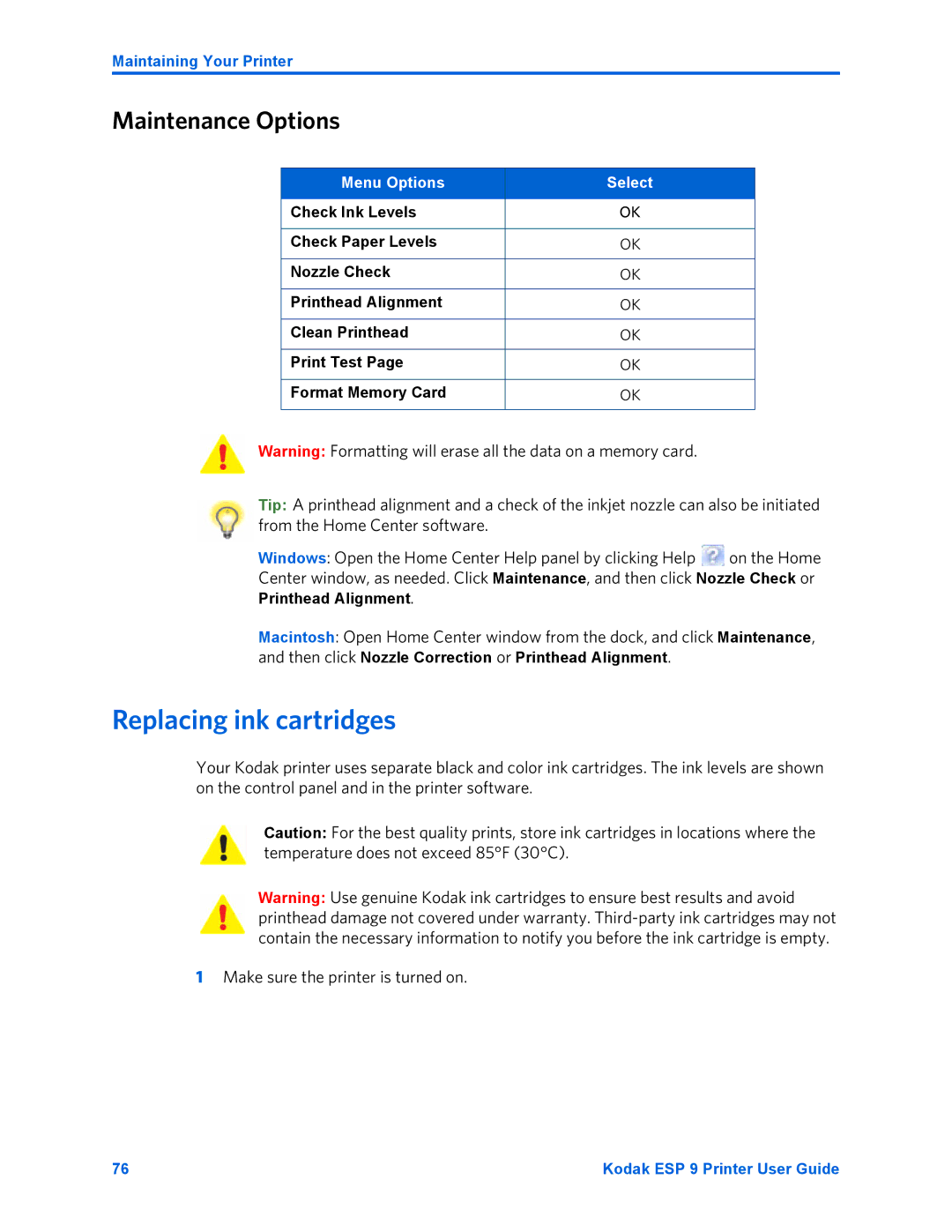 Kodak ESP 9 manual Replacing ink cartridges, Maintenance Options, Menu Options Select 