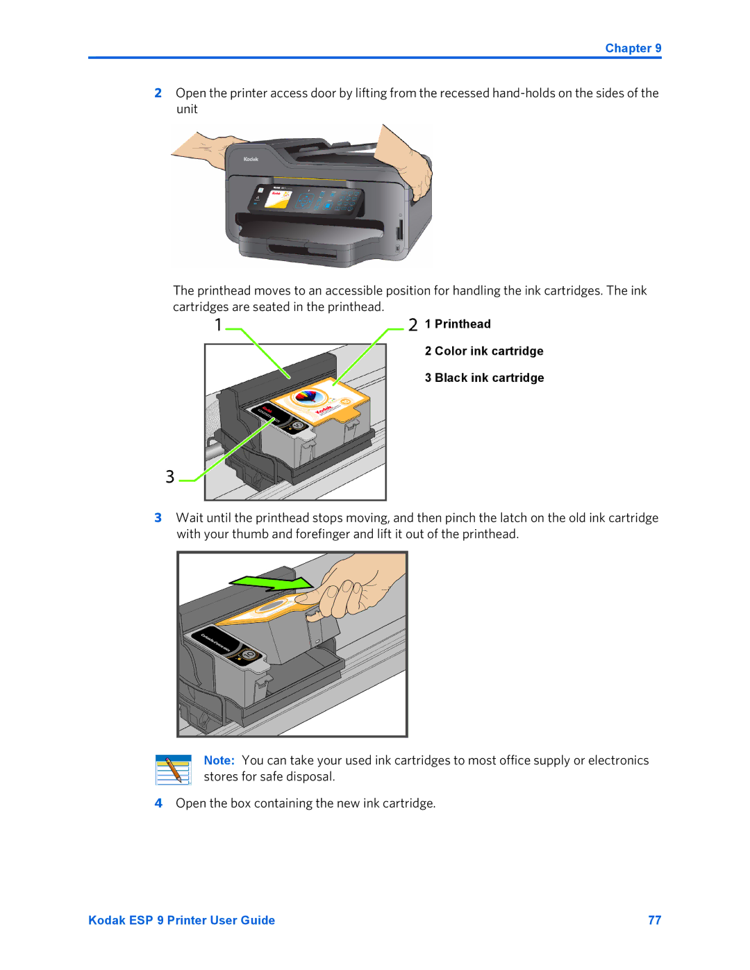 Kodak ESP 9 manual Printhead Color ink cartridge Black ink cartridge 