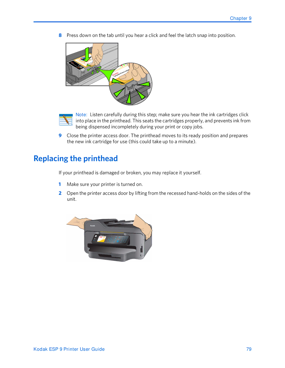 Kodak ESP 9 manual Replacing the printhead 