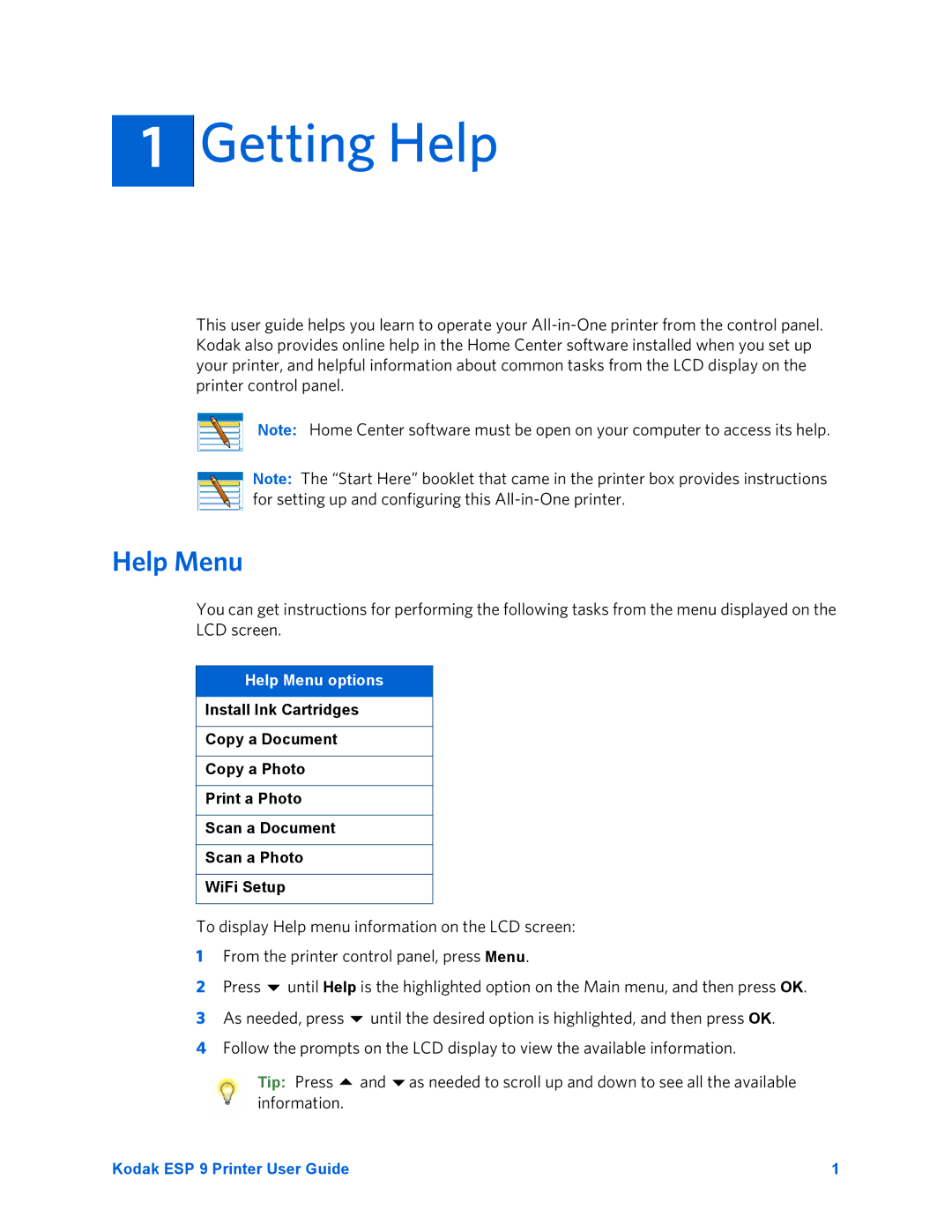 Kodak ESP 9 manual Getting Help, Help Menu options 