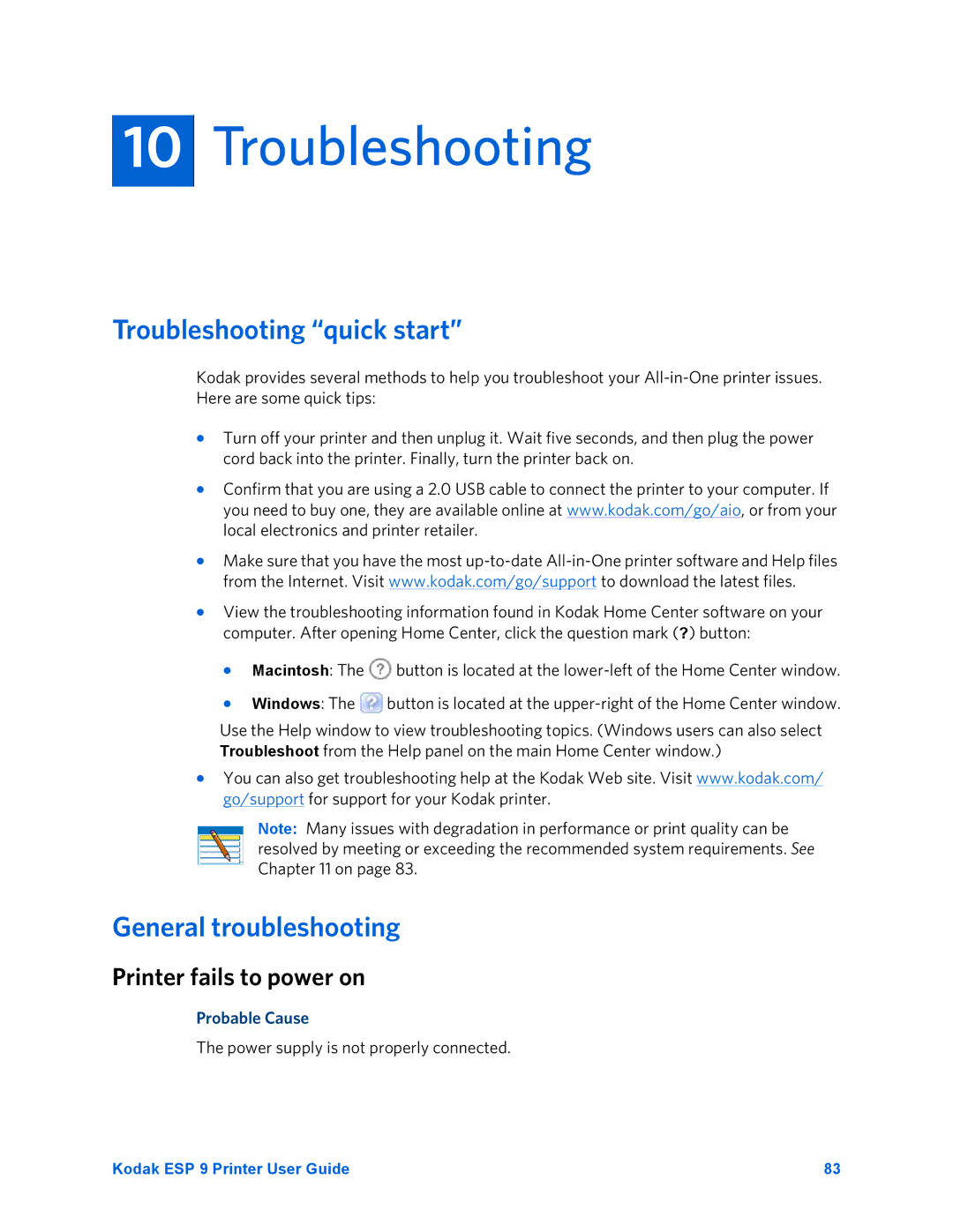 Kodak ESP 9 manual Troubleshooting quick start, General troubleshooting, Printer fails to power on 